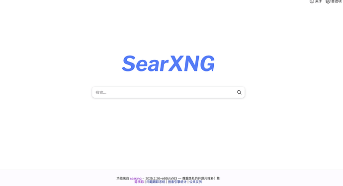 这张图片展示了一个简洁的“SearXNG”<search engine>搜索引擎的主页，页面中心有一个<search bar>搜索栏，背景为白色。 (由 AI 生成标题)