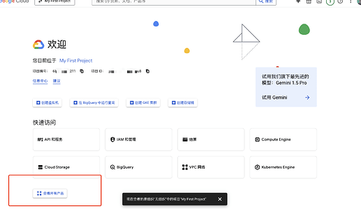 这是Google Cloud平台的欢迎页面,显示了项目“My First Project”的信息和快速访问选项。 (由 AI 生成标题)