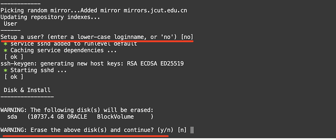 这张图片展示了在终端中进行Debian安装的过程,包括选择镜像、设置用户和密码,以及警告将擦除指定磁盘上的数据。 (由 AI 生成标题)