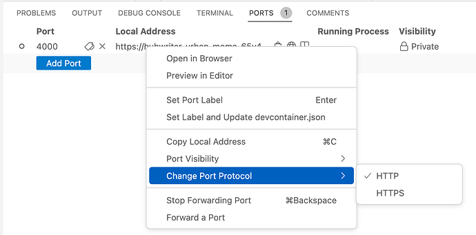 转发端口的弹出菜单截图，选择“更改端口协议”选项，并在子菜单中选择“HTTPS”。