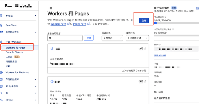这张截图展示了一个名为“Workers and Pages”的Cloudflare控制面板，其中显示了帐户信息、请求统计以及创建新的“Worker”的选项。 (由 AI 生成标题)