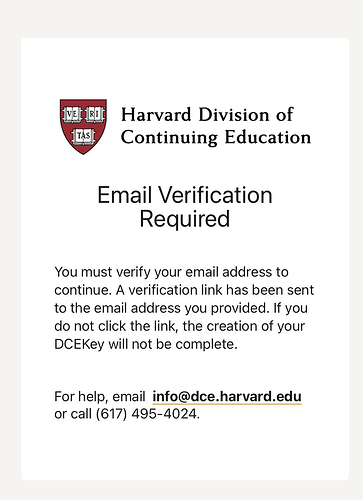 这张图片是哈佛大学继续教育学院的邮件验证要求通知，要求用户验证电子邮件地址以继续申请流程。 (由 AI 生成标题)