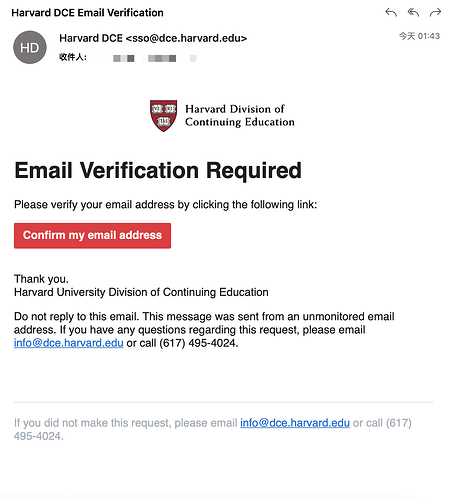 这是一封来自哈佛大学继续教育部的电子邮件，要求用户通过点击链接来验证他们的邮箱地址。 (由 AI 生成标题)