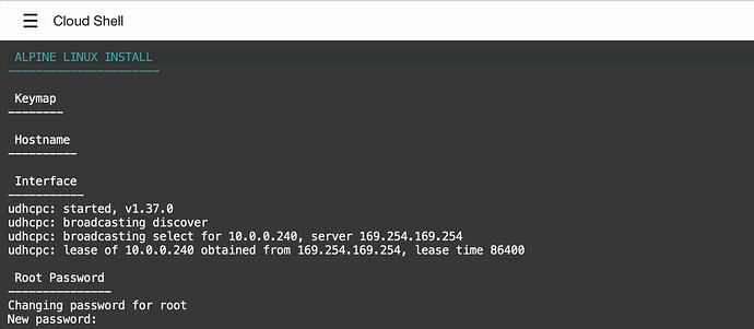 这是一个在云Shell中安装Alpine Linux的界面,显示了键映射、主机名、接口配置和更改root密码的选项。 (由 AI 生成标题)