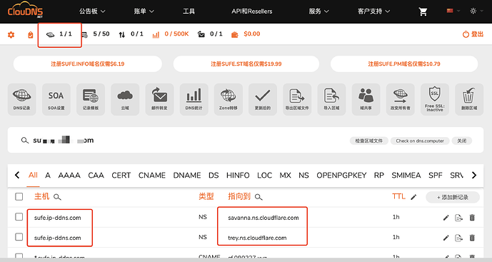 This screenshot displays the CloudDNS interface, showing the DNS records for the domain "sufe.ip-ddns.com" with  type records pointing to "savanna.ns.cloudflare.com" and "trey.ns.cloudflare.com". (由 AI 生成标题)
