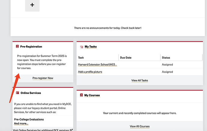 这张图片显示了一个在线学习平台的界面，包括预注册、任务和课程等部分，其中预注册部分提醒用户需要在2023年夏季学期开始前完成注册。 (由 AI 生成标题)