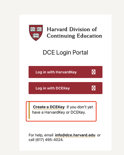 这张图片显示了哈佛大学继续教育学院的DCE登录页面，有两个登录选项：使用HarvardKey和DCEKey登录。 (由 AI 生成标题)