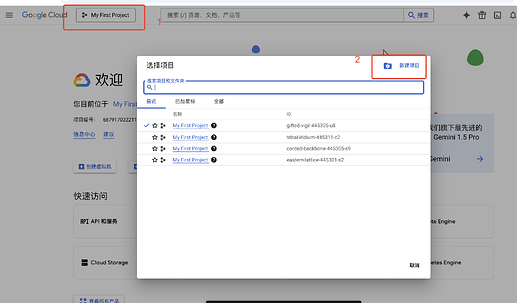 此图片显示了Google Cloud界面上的一个项目选择弹窗,其中列出了多个名为"My First Project"的项目。 (由 AI 生成标题)