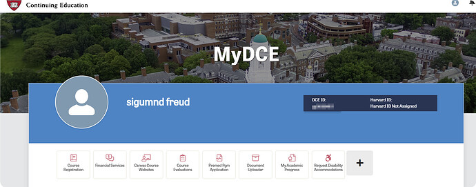 这张图片显示了哈佛大学继续教育学院的MyDCE页面，用户名为sigmundfreud。 (由 AI 生成标题)