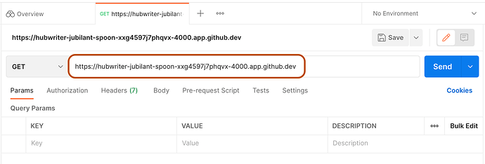 转发端口的 URL 粘贴到 Postman 作为 GET 请求 URL 的截图。URL 被高亮显示。