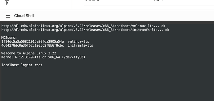 这是一张显示Alpine Linux云Shell界面的截图,显示了内核版本和主机信息。 (由 AI 生成标题)