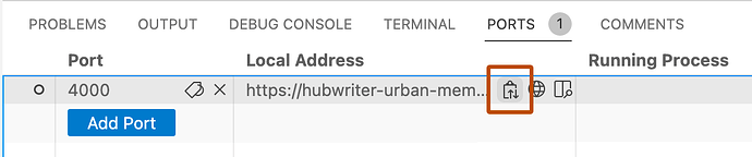 “端口”面板的截图。复制转发端口 URL 的复制图标用橙色轮廓高亮显示。