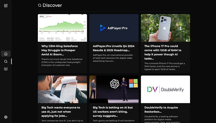这个Discover页面展示了一系列科技和商业新闻，包括Salesforce的困境、AdPlayer.Pro的季度报告、iPhone 17 Pro的传闻、大公司对AI的态度以及DoubleVerify的收购计划。 #userInterface #news #technology (由 AI 生成标题)
