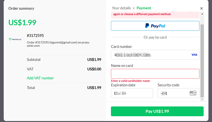该截图显示了一个在线<checkout>页面，订单总额为 1.99 美元，付款方式选项包括 PayPal 或信用卡，但信用卡字段存在错误，提示输入有效的持卡人姓名。 (由 AI 生成标题)