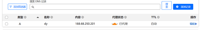 这张图片显示了一个网页的DNS记录管理界面，其中包含一个搜索框、一个添加筛选器按钮、一个添加记录按钮和一个A记录，名称为'dy'，内容为'188.68.250.201'，代理状态为'已代理'，TTL为'自动'，并有一个编辑操作按钮。 (由 AI 生成标题)
