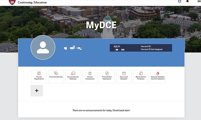这是一个名为MyDCE的在线教育平台的用户界面，显示了用户的个人资料、课程注册、财务信息等功能选项。 (由 AI 生成标题)