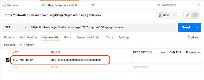虚拟 GITHUB_TOKEN 粘贴到 Postman 作为 X-GitHub-Token 键的值的截图。键和值被高亮显示。