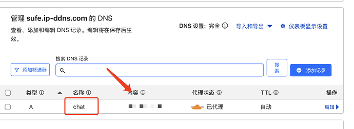 在<dns_record>中，名称为"chat"的记录类型为A，代理状态为已代理，TTL为自动. (由 AI 生成标题)