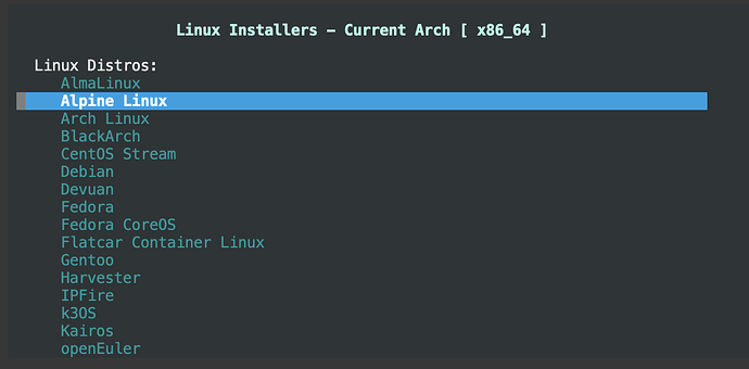这是一个显示各种Linux发行版安装选项的列表，标题为'Linux Installers - Current Arch [x86_64]'。 (由 AI 生成标题)