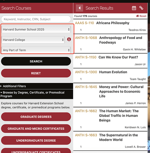 这张图片展示了哈佛暑期学校2025的课程搜索页面，列出了多个课程选项，如非洲哲学、人类学和文化权力等。 (由 AI 生成标题)