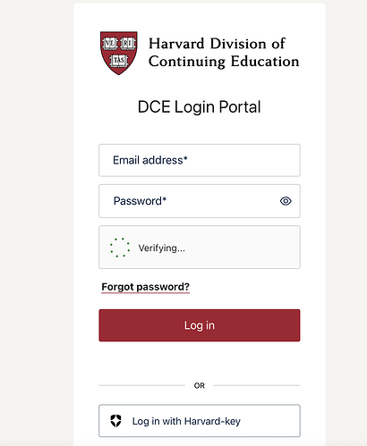 这是一张哈佛继续教育学院（Harvard Division of Continuing Education）的DCE登录页面截图，显示了电子邮件地址和密码的输入框，以及登录按钮。 (由 AI 生成标题)