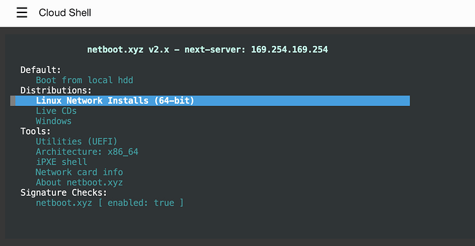 这是一个显示从本地硬盘启动的Cloud Shell界面,选择了Linux网络安装(64位)选项。 (由 AI 生成标题)