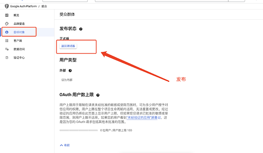 这是一个显示Google Auth Platform中“发布状态”和“用户类型”设置的界面截图。 (由 AI 生成标题)