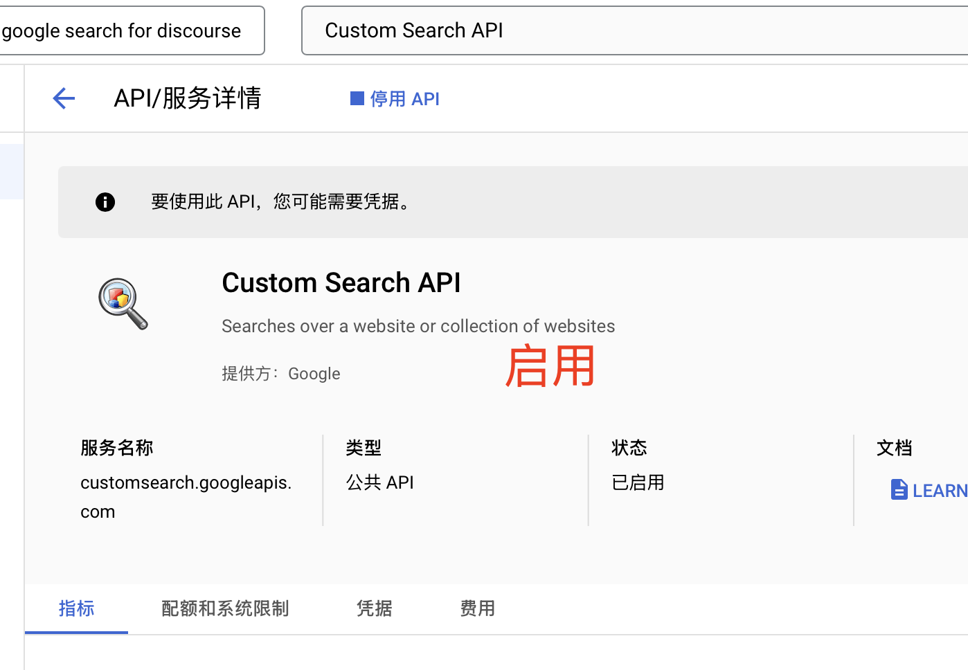 此图显示了Google Custom Search API的详情页面,其中API的状态为“已启用”(Enabled), 并显示了“Custom Search API”的名称,类型为“公共 API” (Public API), 服务名称为“customsearch.googleapis.com”以及提供方为Google等信息. (由 AI 生成标题)